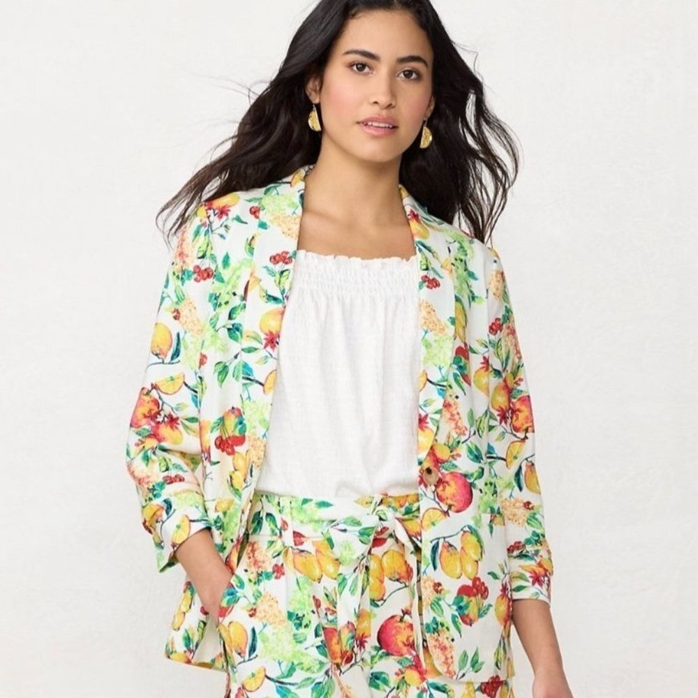 LC Lauren Conrad Fruited Vines Blazer‎ Women XL White Cherries Ruched Sleeves